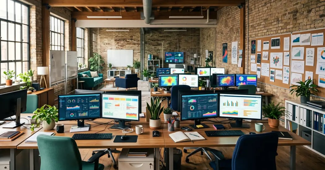 A busy modern marketing analytics office with dashboards, representing measuring Share of Model across AI engines