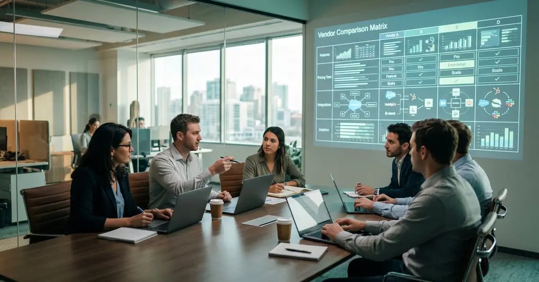 B2B SaaS CRO and RevOps team in a modern boardroom evaluating sales pipeline management software with vendor comparison matrix and integration ecosystem diagrams
