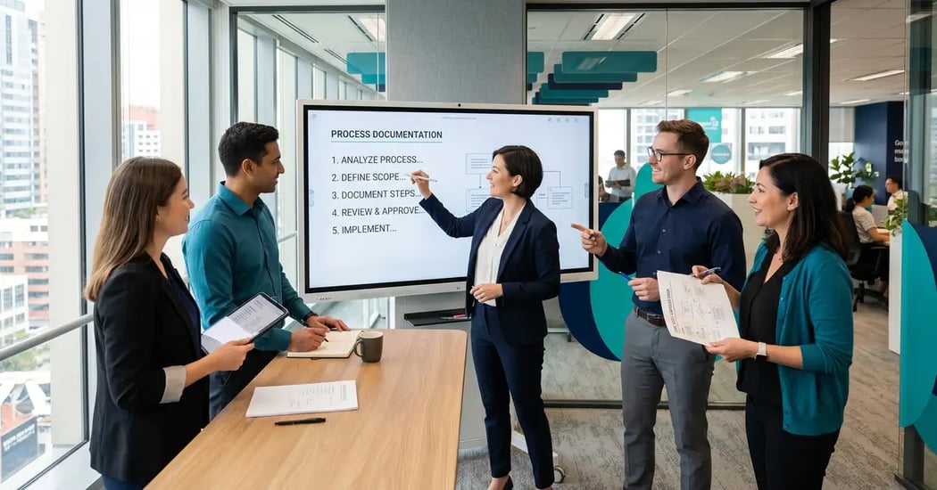 A B2B team documenting a standard operating procedure together, writing numbered steps on a screen