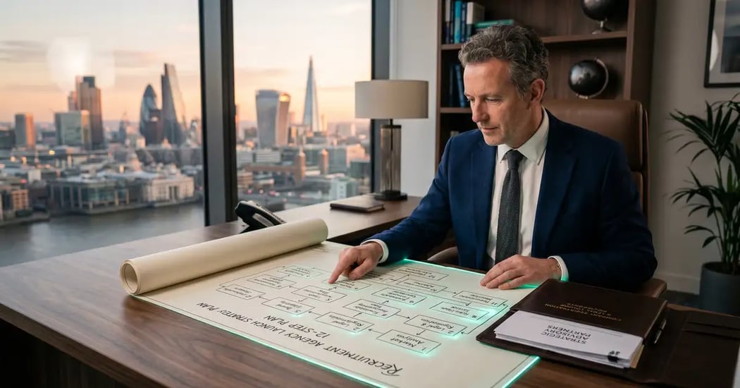 Founder at a walnut desk reviewing a 12-step business blueprint for launching a recruitment agency with company registration papers visible and financial district skyline at golden hour