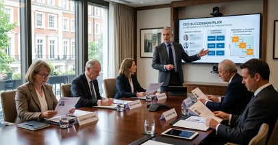 Senior executive search Managing Director presenting a CEO succession plan to a board nomination committee in a London Mayfair boardroom