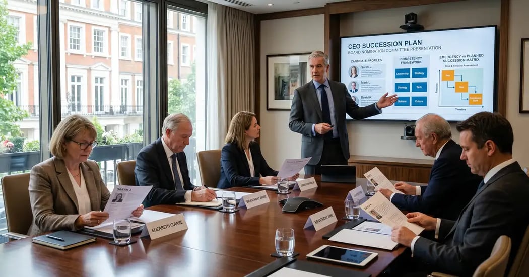 Senior executive search Managing Director presenting a CEO succession plan to a board nomination committee in a London Mayfair boardroom