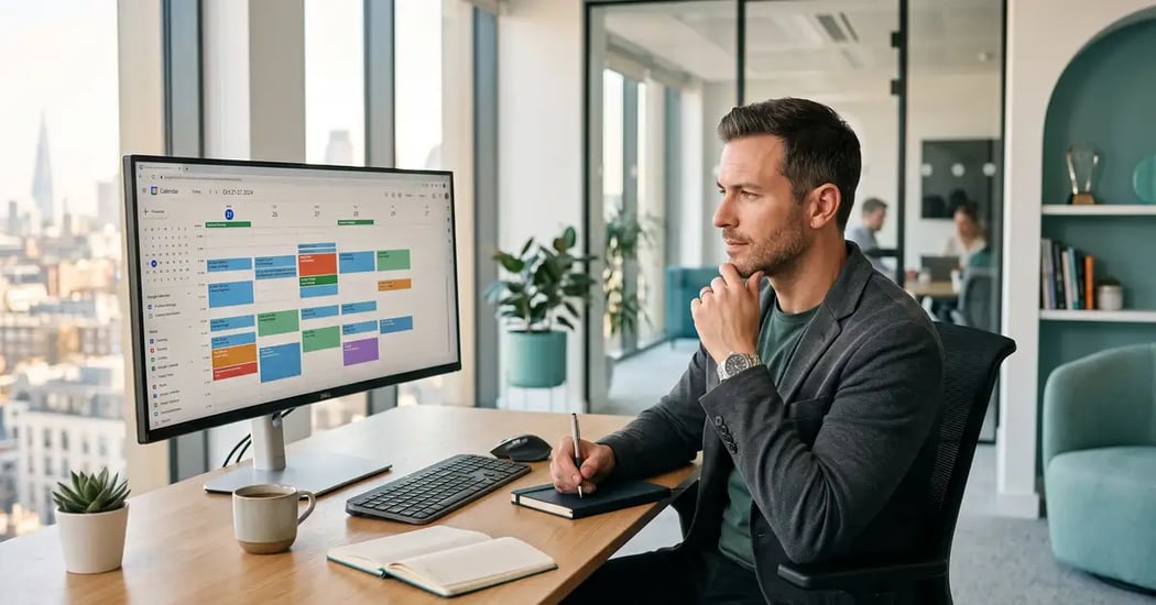 Composed founder reviewing a week of calendar time blocks on a monitor during a founder time audit