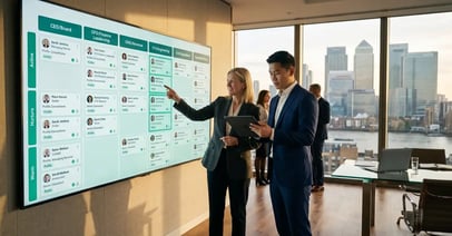 Executive search firm Managing Partner reviewing wall-sized interactive talent pipeline dashboard with 6 functional segments in sophisticated London office