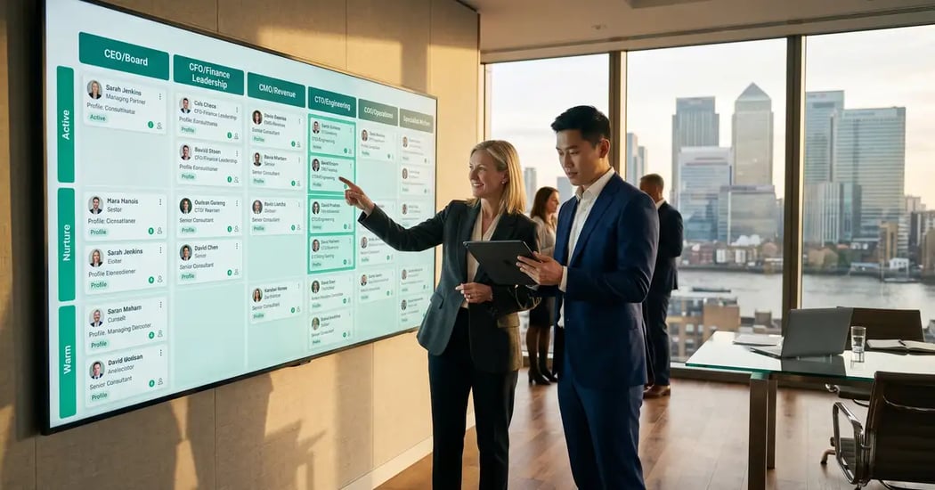 Executive search firm Managing Partner reviewing wall-sized interactive talent pipeline dashboard with 6 functional segments in sophisticated London office