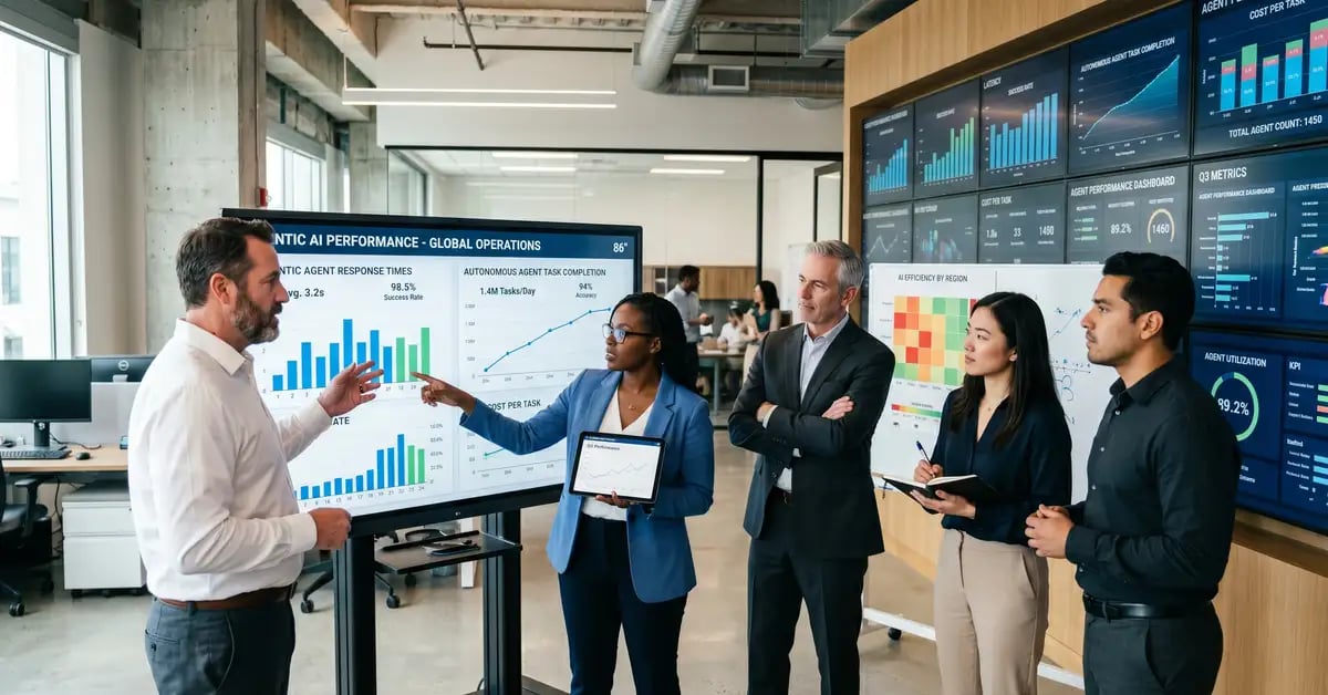 Team of B2B operations leaders analyzing agentic AI performance metrics across enterprise dashboards in modern office