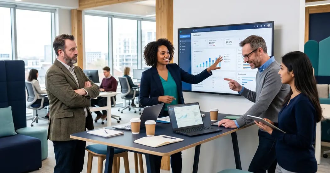 A change champion guiding colleagues through new software at a screen, some engaged and one hesitant, showing the human side of technology adoption