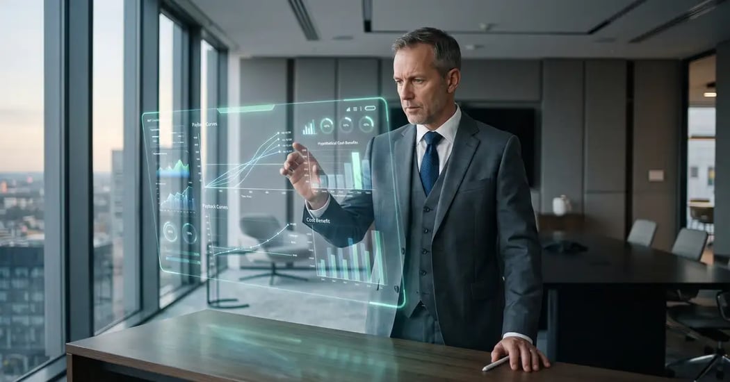 B2B executive evaluating a technology investment against return-on-investment criteria on a holographic dashboard with payback curves and cost-benefit indicators