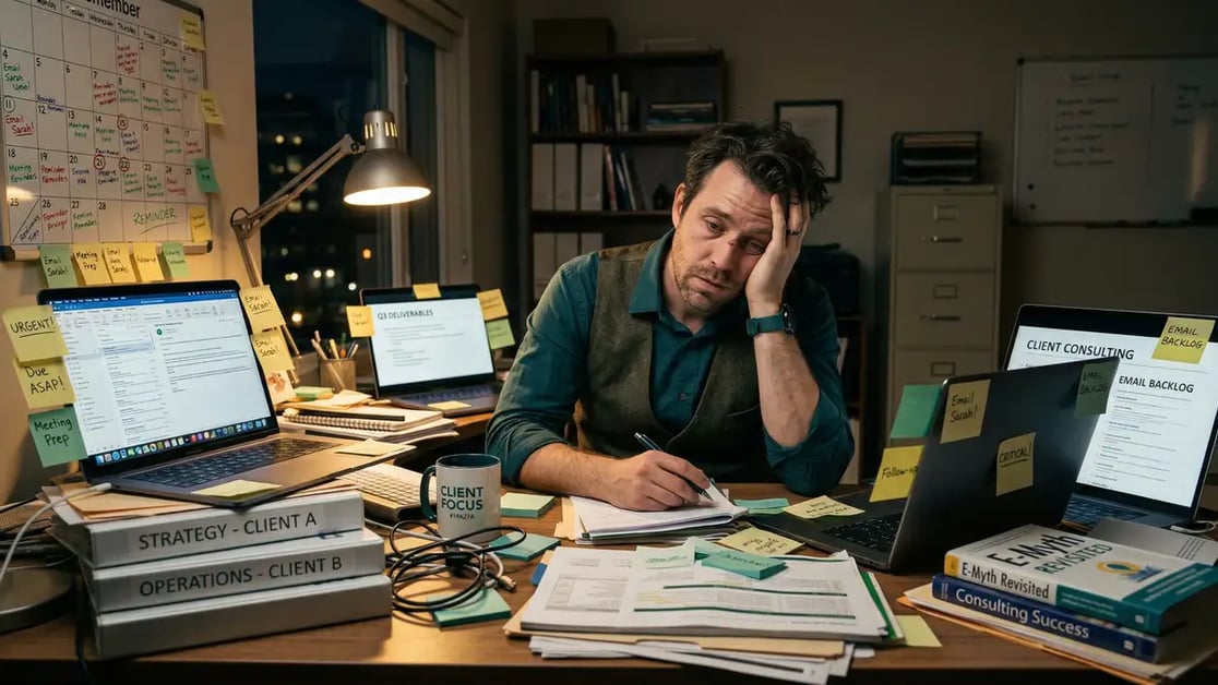 Founder buried in operational chaos illustrating the E-Myth Technician's Trap in modern B2B businesses