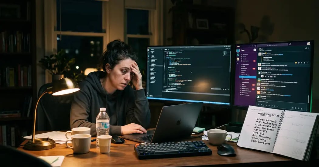 Exhausted SaaS CEO at desk at 2am with two monitors showing code editor and Slack notifications