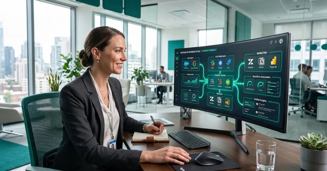 Consultant viewing an integrated dashboard where business tools connect, illustrating a lean consulting firm technology stack