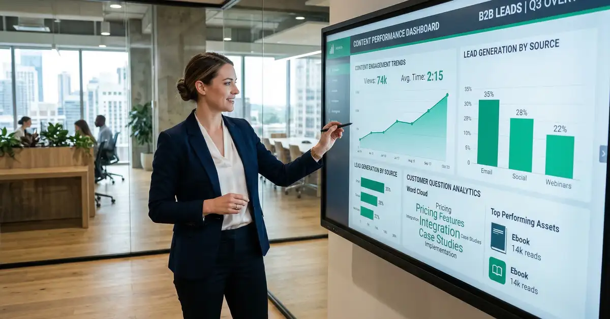 B2B marketing executive reviewing They Ask You Answer content performance dashboard with engagement metrics