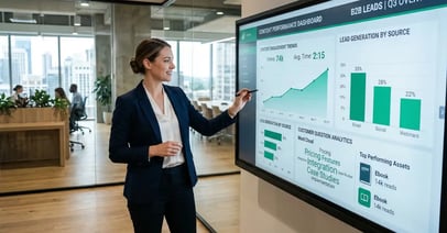 B2B marketing executive reviewing They Ask You Answer content performance dashboard with engagement metrics