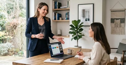Boutique consultant stepping back from a laptop after delegating work, illustrating a virtual assistant strategy that reclaims founder time