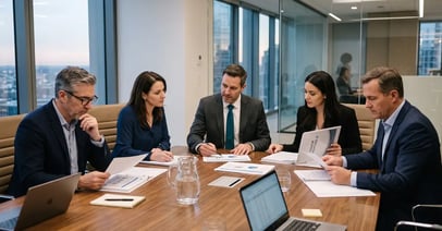 Business executives reviewing vendor proposals and evaluation scorecards in a due diligence session, representing a vendor evaluation framework