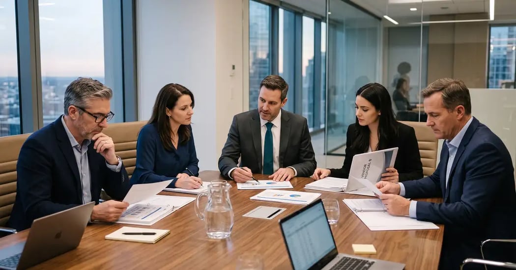 Business executives reviewing vendor proposals and evaluation scorecards in a due diligence session, representing a vendor evaluation framework