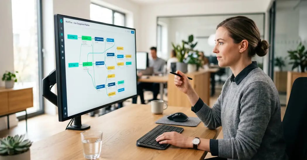 A professional reviewing a colourful node-based n8n automation workflow on a large monitor in a modern office