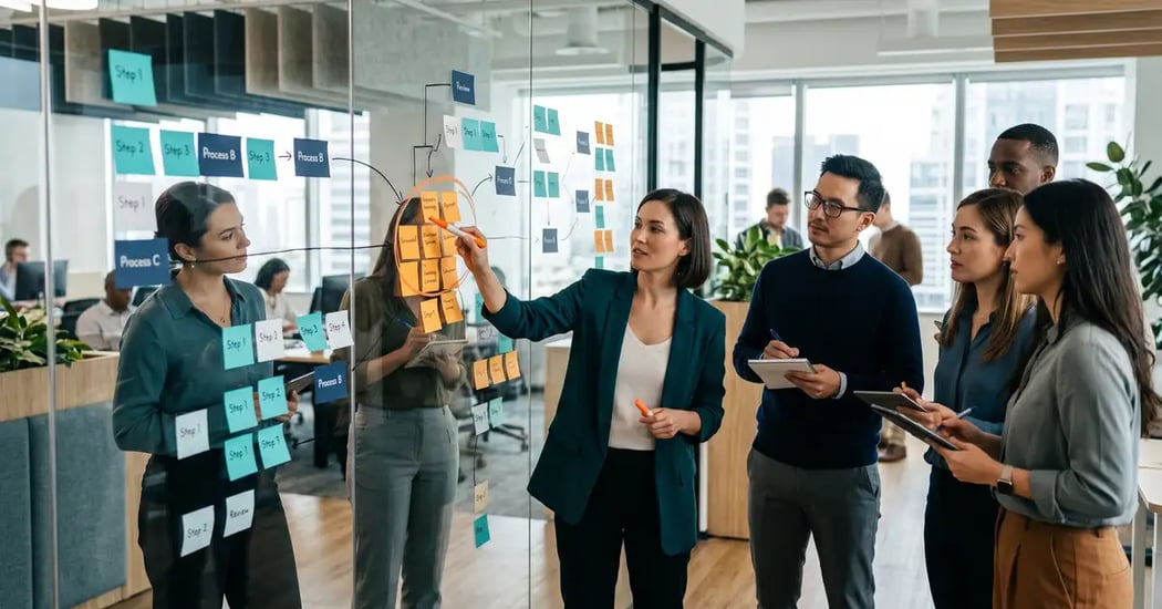 A B2B operations team conducting a workflow audit, mapping process steps on a glass wall and highlighting a bottleneck
