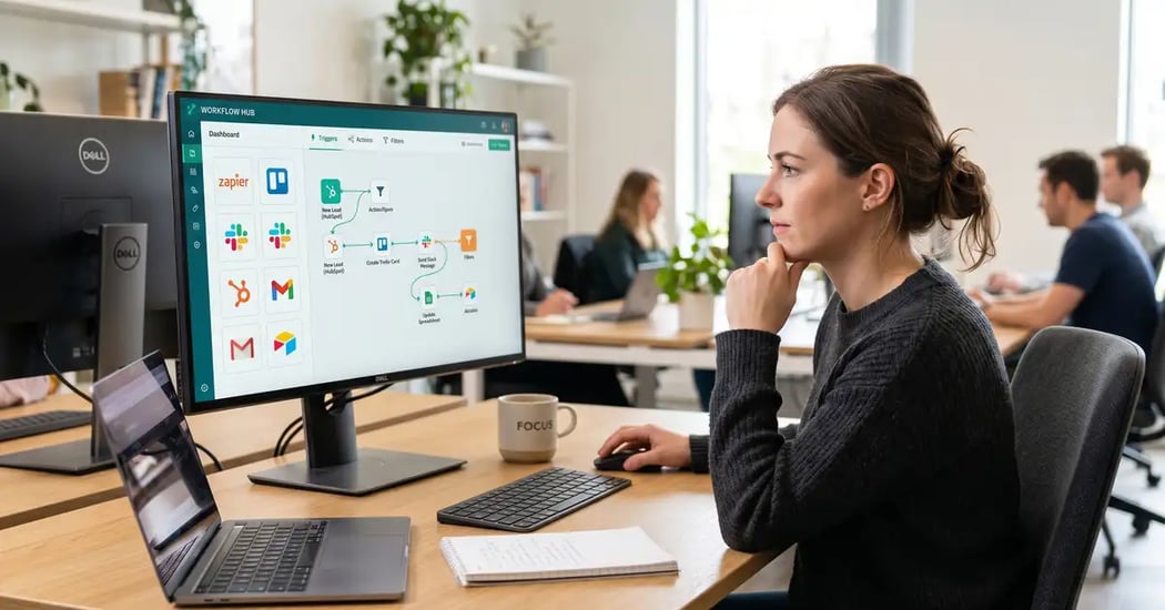 A professional comparing several workflow automation tools on a large monitor showing app logos and a node-based flow
