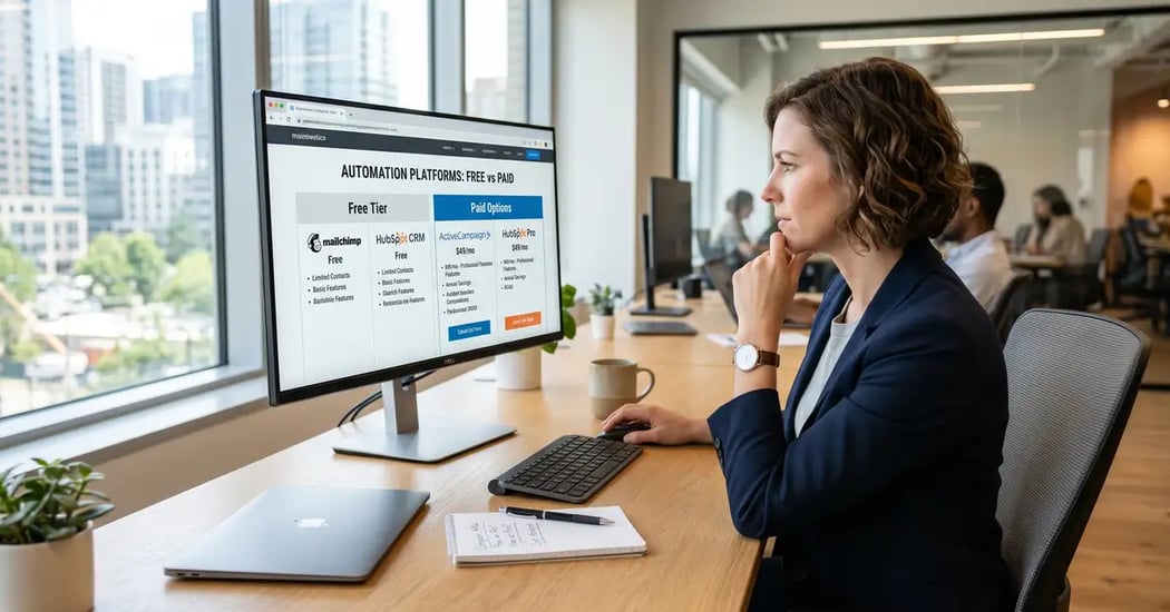B2B operator comparing free and paid automation platform options on a monitor, evaluating the best Zapier alternatives in 2026
