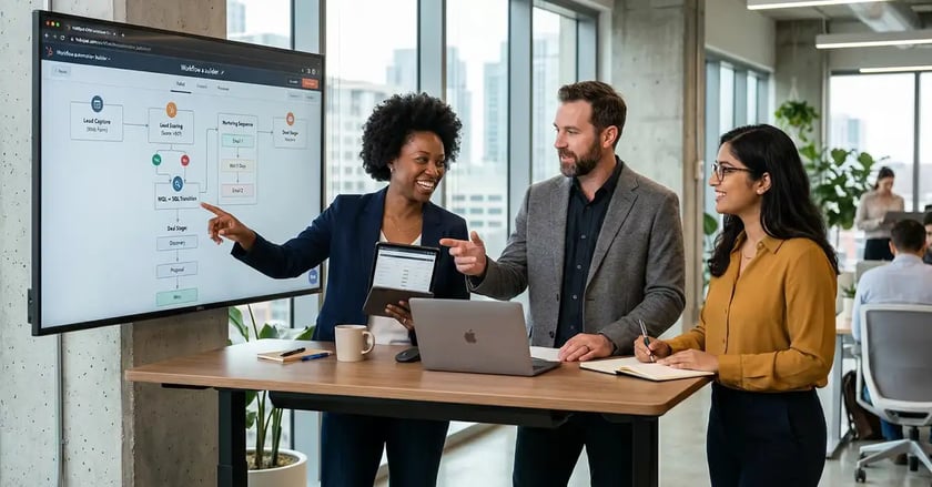 B2B team collaborating around a screen showing a CRM workflow automation builder with connected nodes for lead capture, scoring, and nurturing sequences