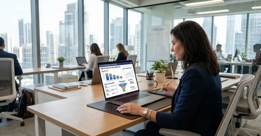 Female executive reviewing AI-powered sales forecasting and CRM analytics with predictive pipeline analysis on her laptop