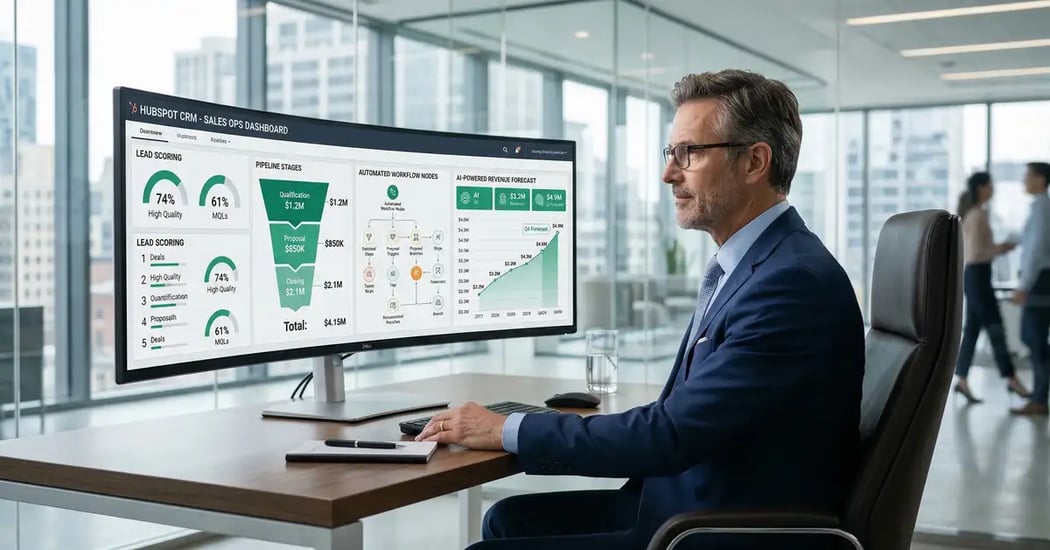 Senior sales director reviewing a CRM automation dashboard with lead scoring, pipeline stages, and AI-powered deal predictions on an ultrawide monitor