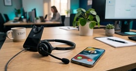 Receptionist headset beside a smartphone showing a friendly call-answering screen