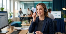 Professional speaking on a phone headset in a modern office