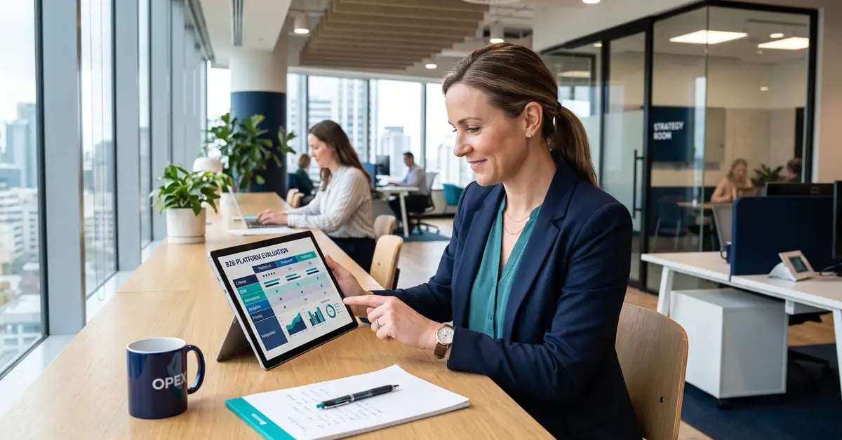 B2B operations leader evaluating software platform options with comparison charts on a tablet