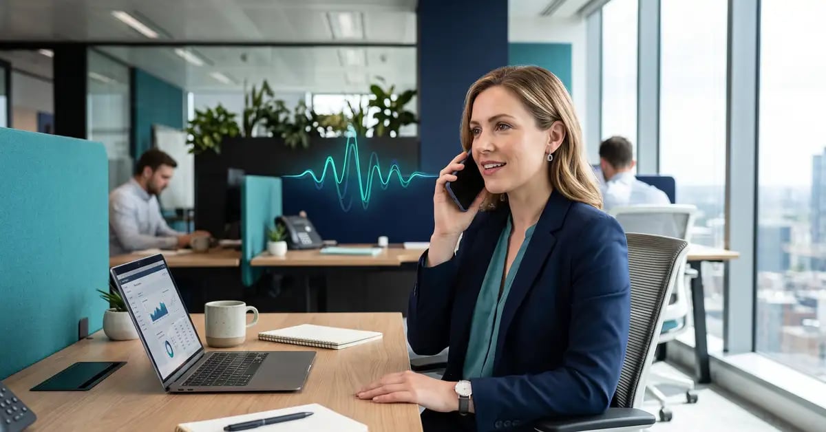 Business customer talking on a smartphone with a voice-assistant waveform overlay