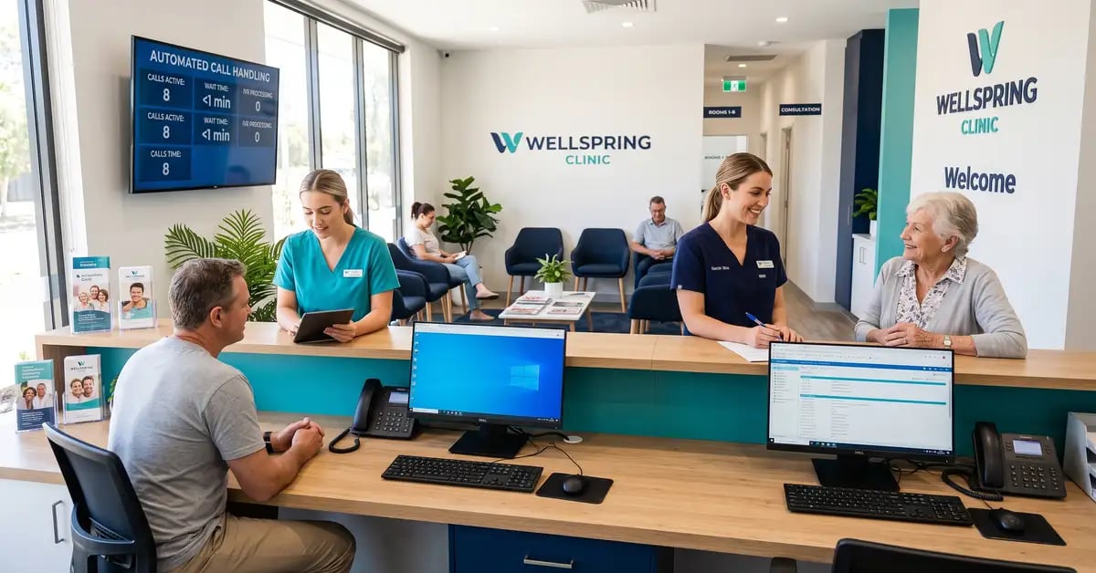 Clinic front desk where calls are handled automatically while staff focus on in-person patients