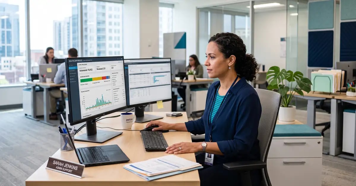Back-office worker overseeing automated claims and records processing
