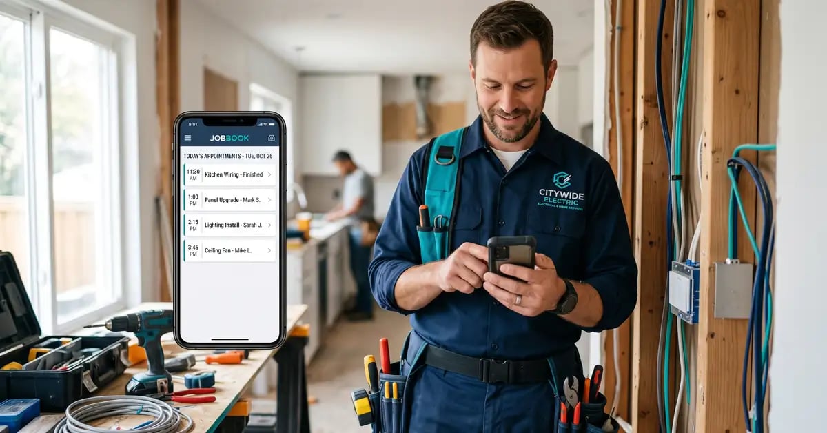 Home services business owner checking appointments captured automatically while on a job site