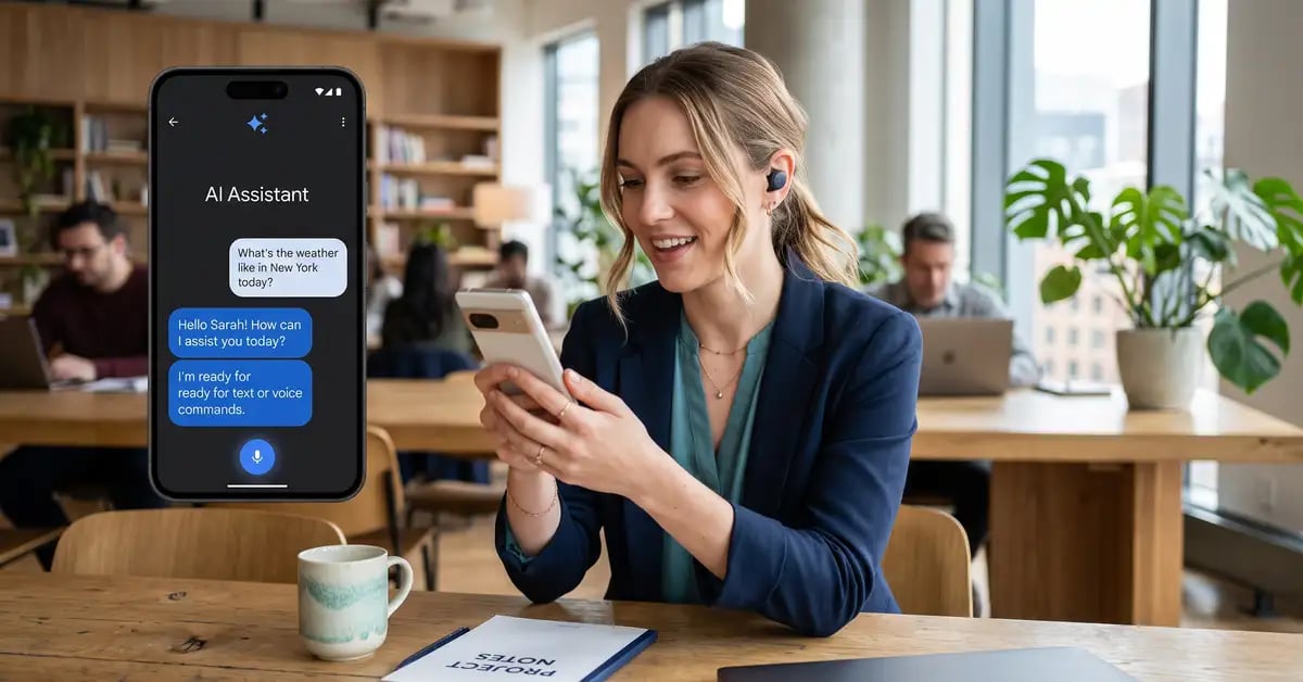 Person chatting with an AI assistant via text and voice on a smartphone