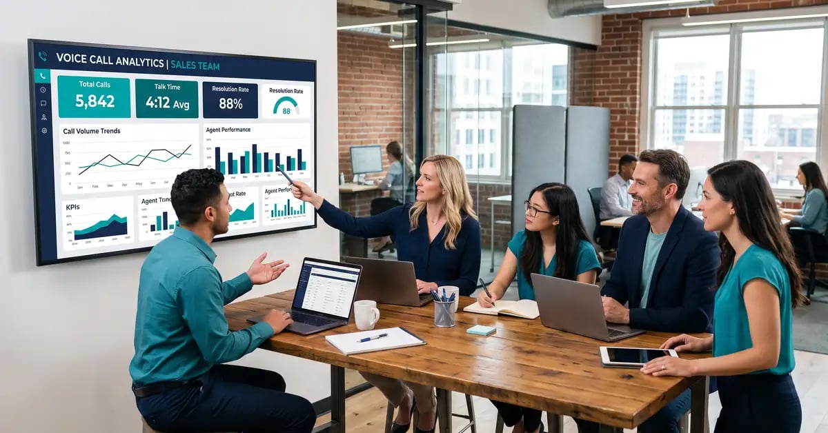 Sales team reviewing voice call analytics on a large wall monitor