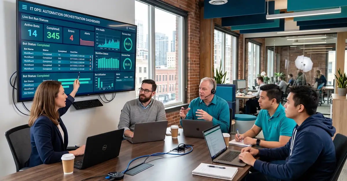 IT operations team reviewing automation orchestration dashboards showing bot run status