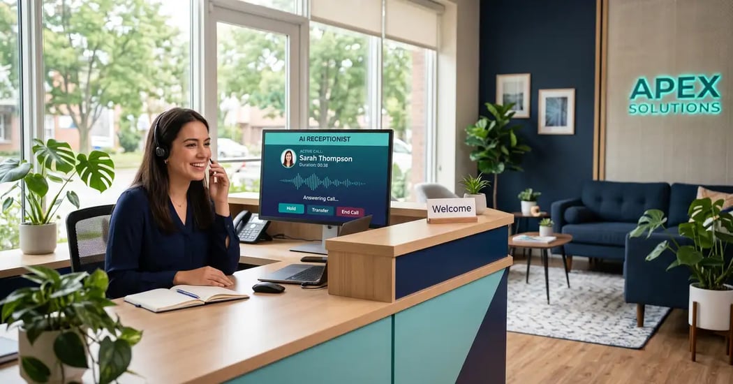 AI receptionist: a small-business front desk with an AI call interface answering a phone call
