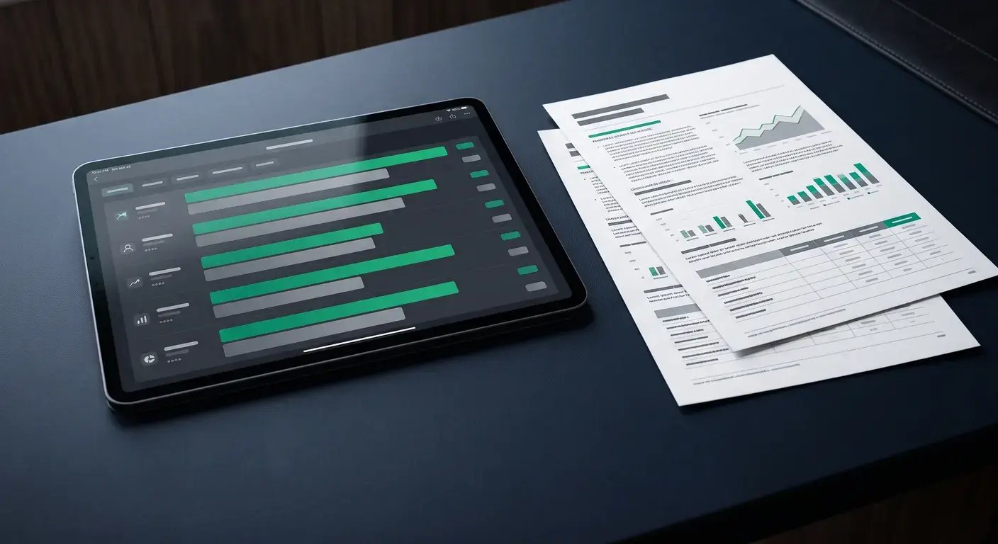 Monthly Share of Model dashboard on a tablet next to printed Citation Engine reports