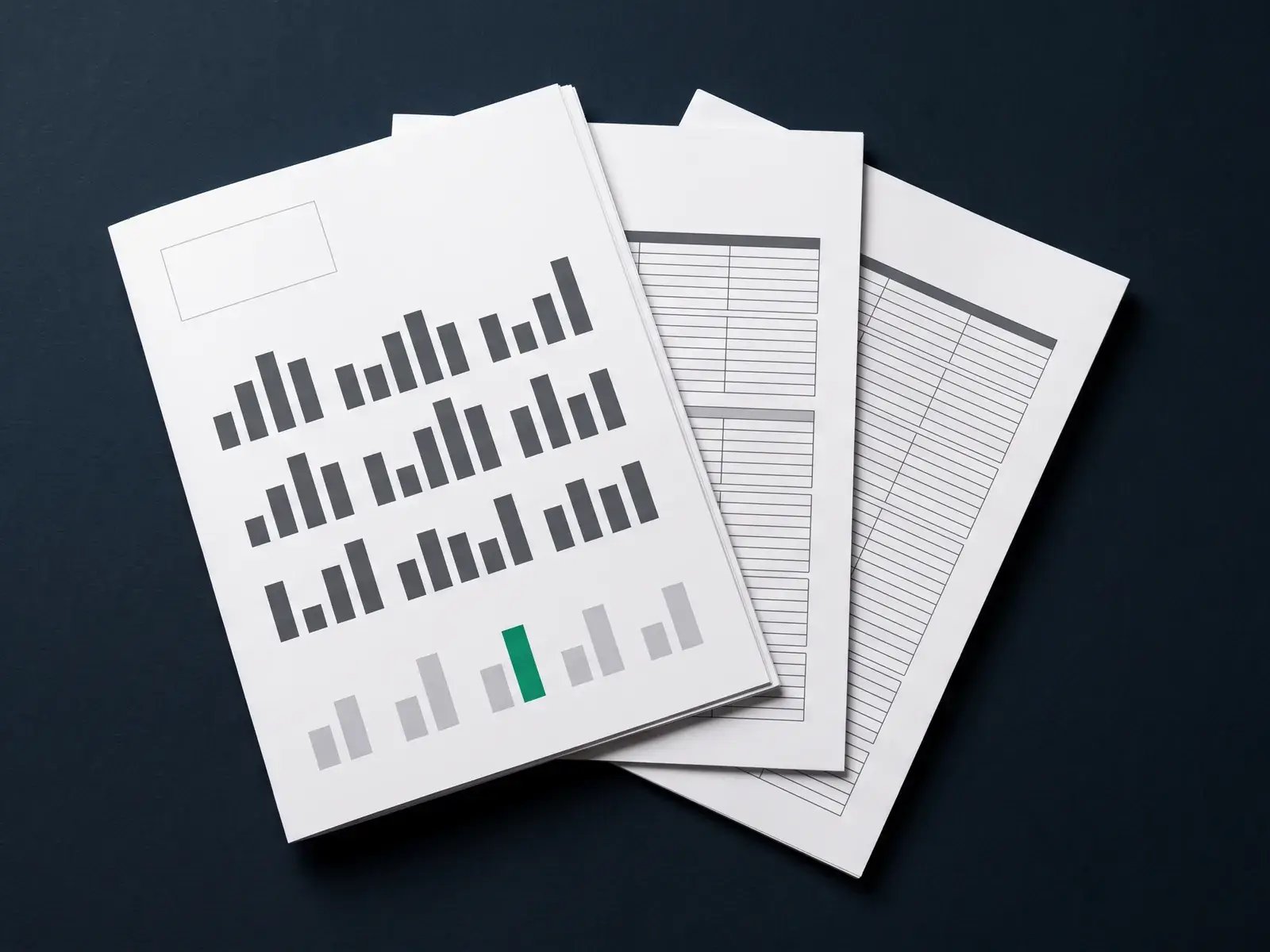 Three fanned white-label report pages showing share of model bars and a results table
