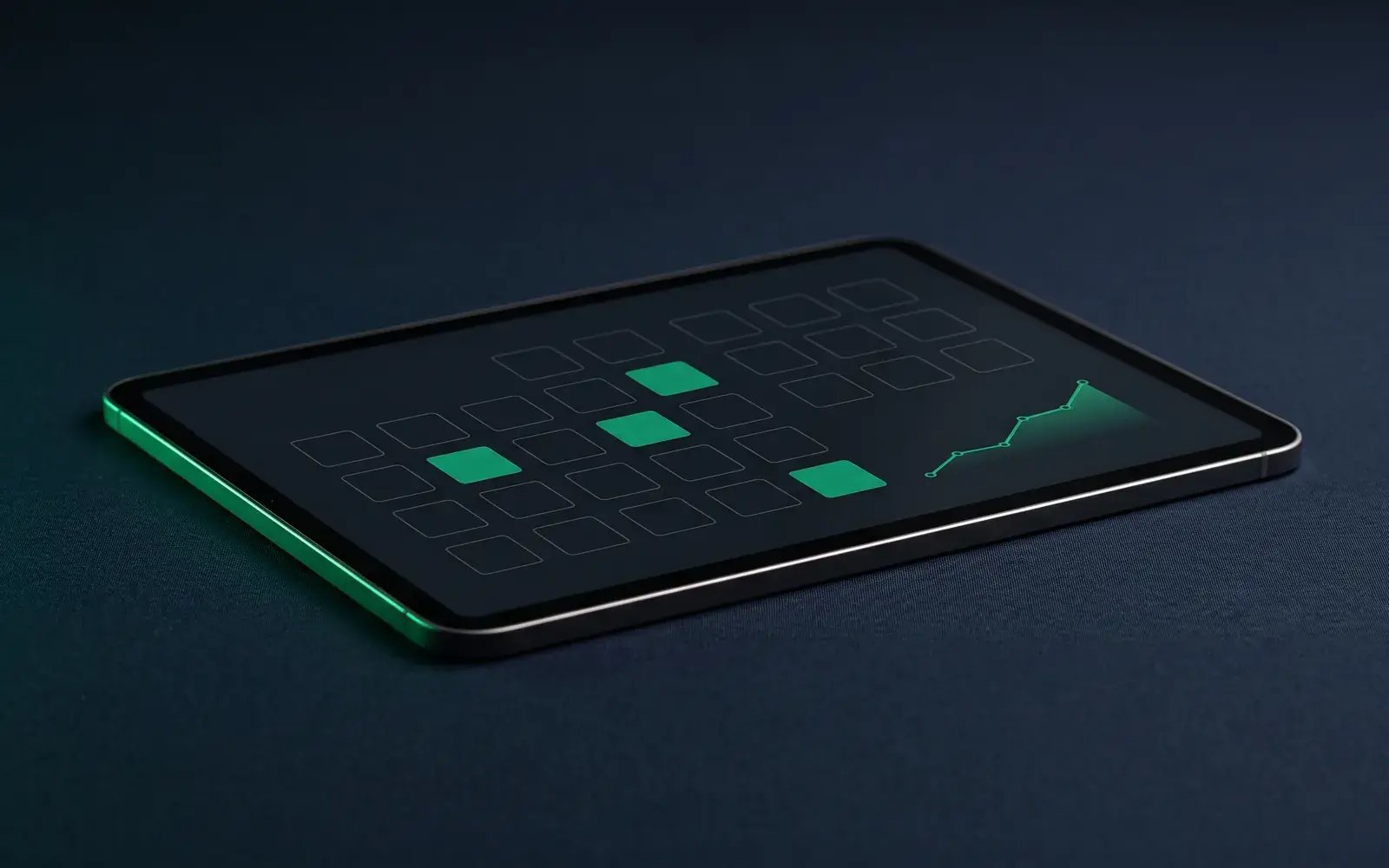 Tablet with a monthly delivery calendar and a rising Share-of-Model line