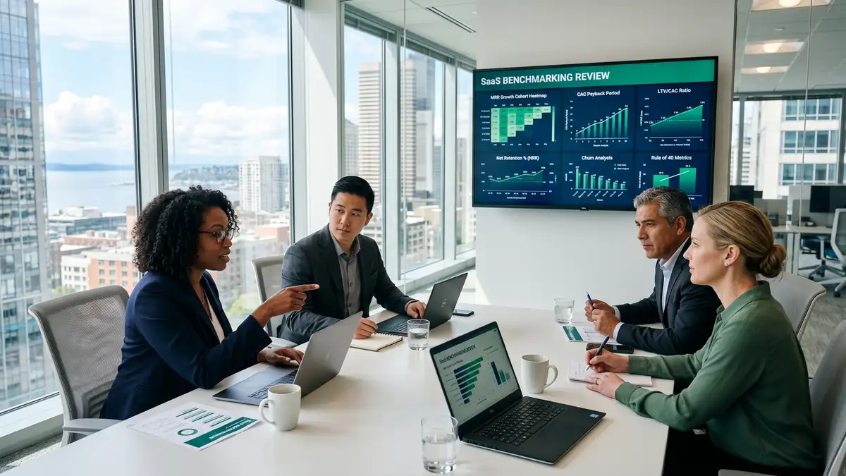 B2B SaaS benchmarks dashboard showing 2026 growth rates, NRR, and CAC metrics for mid-market companies