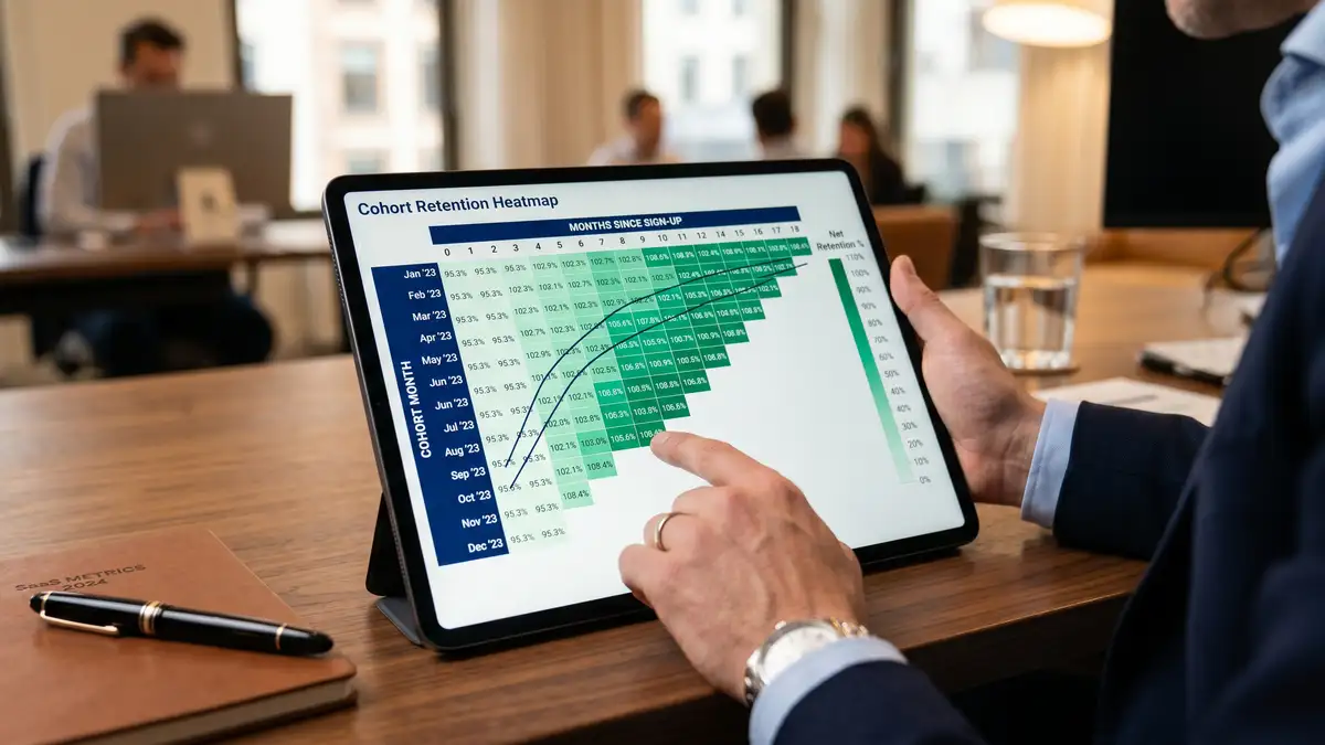 Mid-market B2B SaaS CEO reviewing ARR growth benchmarks and retention metrics on a performance dashboard