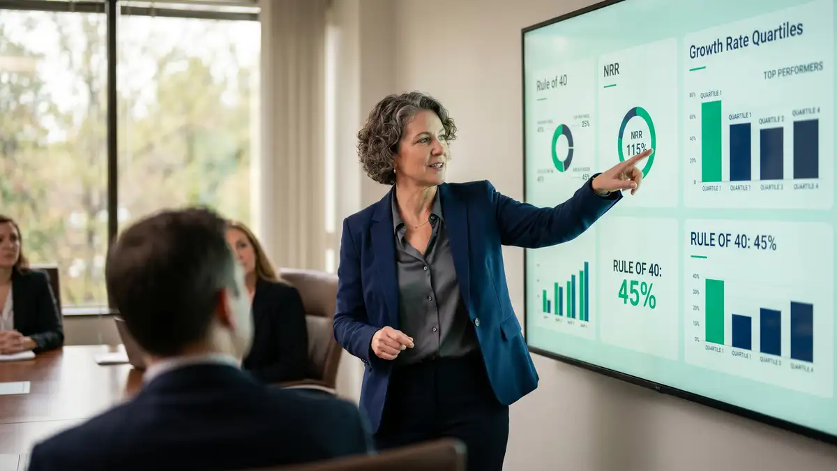 Sales efficiency dashboard displaying pipeline coverage, win rate, and quota attainment benchmarks for mid-market B2B SaaS