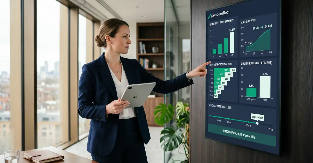 Mid-market B2B SaaS executive team reviewing 2026 benchmark dashboards with ARR growth, NRR, churn, and Rule of 40 performance metrics