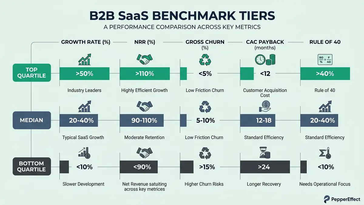 Infographic showing B2B SaaS funnel conversion benchmarks from visitor to MQL to SQL to closed deal with the MQL-to-SQL bottleneck highlighted