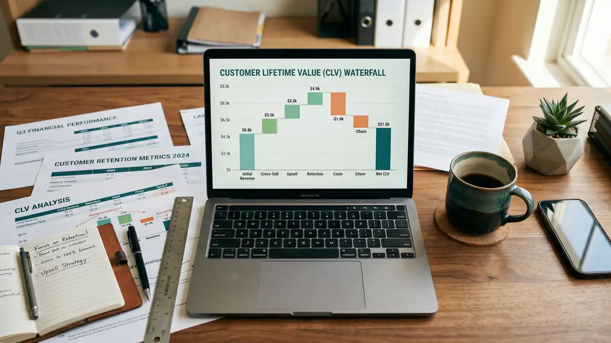 Analyst workstation showing LTV to CAC ratio components broken down in a financial waterfall chart with coffee and reports