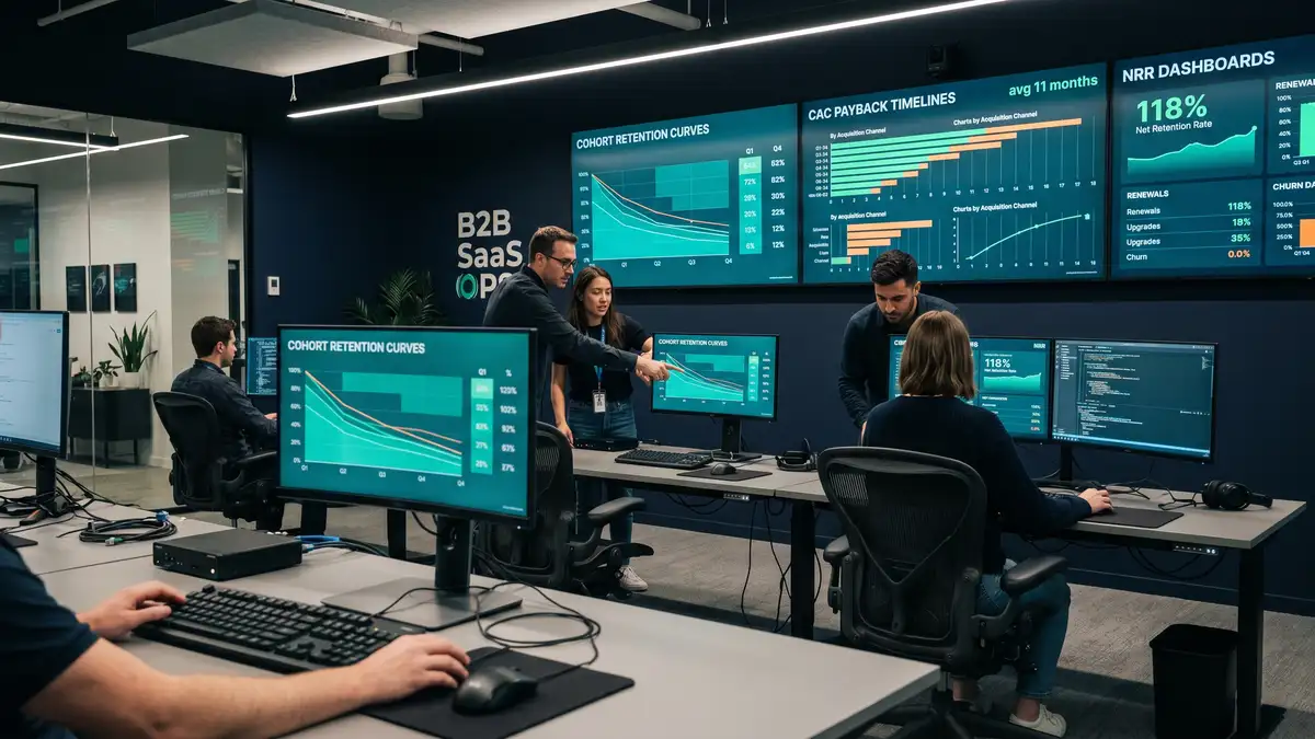 Modern B2B SaaS operations control room with engineers monitoring cohort retention curves and CAC payback dashboards on multiple screens