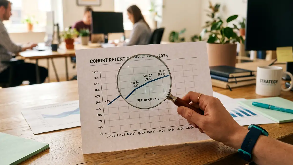 Hand holding a magnifying glass over a printed cohort retention chart focusing on a rising curve of customer lifetime value