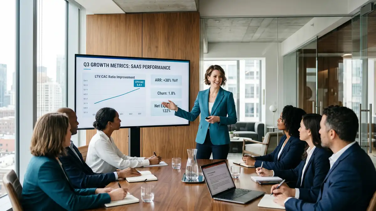 A woman SaaS CEO presenting LTV CAC ratio improvement metrics to her leadership team in a bright modern conference room